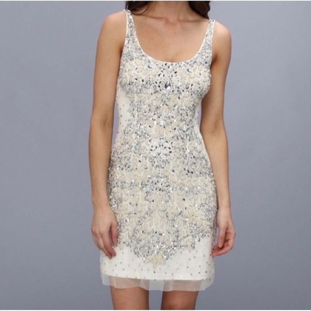 Adrianna Papell Ivory Sequin Beaded Mesh Cocktail Dress Size 8 Silver Floral